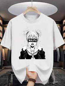 Camiseta de Algodón 100% para Hombre - Manga Corta, Cuello Redondo, Estampado Digital, Cómoda para Todas las Estaciones, Lavable a Máquina, Ideal para Salidas Diarias, Cuello Redondo, Diseño Circular, Camiseta Casual de Verano T-shirt Abstract black wavy line on teal background minimalist art piece with bold textured strokes and modern design - Blanco - Ver 1