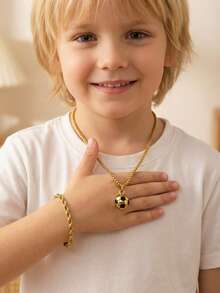 2件套 时尚经典不锈钢足球吊坠项链手链首饰套装，街头嘻哈配饰 - 彩色 - 查看 1