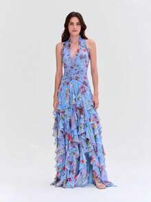 Women's Dress, Autumn New Style, Gentle Style, Fashionable Print, Ruffles, Fitted Dress - Màu xanh lam - Xem 2