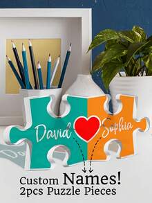 2D Flat, Customizable Elegant Acrylic Puzzle Nameplate - Personalized Valentine's Day Gift For Couples, Bohemian Style Home Decor, Blue And Yellow Puzzle Pieces, Perfect For Family And Friends, Desktop Ornament | Custom Name Sign | Glossy Surface - Multicolor - View 4