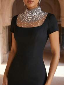 Elegant Black Mermaid Dress, Short Sleeve, Pearl Embellished High Collar, Dignified And Proper, Arabic Style Women's Clothing - Black - View 3