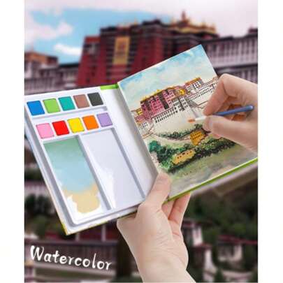 Mini Cartoon Outdoor Travel Painting Notebook, Ins Simple Painting Notebook With Highly Attractive, Painting Set Watercolor Painting Notebook, Portable Travel Hand-Painted Supplies. [10 Colors Paint, 1 Watercolor Brush, 40 Sheets Watercolor Paper]