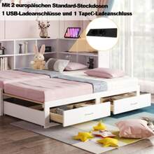 Massivholzsofa 90/180*190cm, Mit Ausziehbarem Bett, Mit Staufach, Multifunktionale Euro-Steckdose, Schubladen, Lattenrost, Multifunktionales Einzelholzbett, Weiss - White - View 2