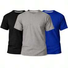 Set Of 3 Men's Basic Plain T-Shirts, 100% Cotton, 30.1 Mm - 黑色/灰色/寶藍色 - 查看 1