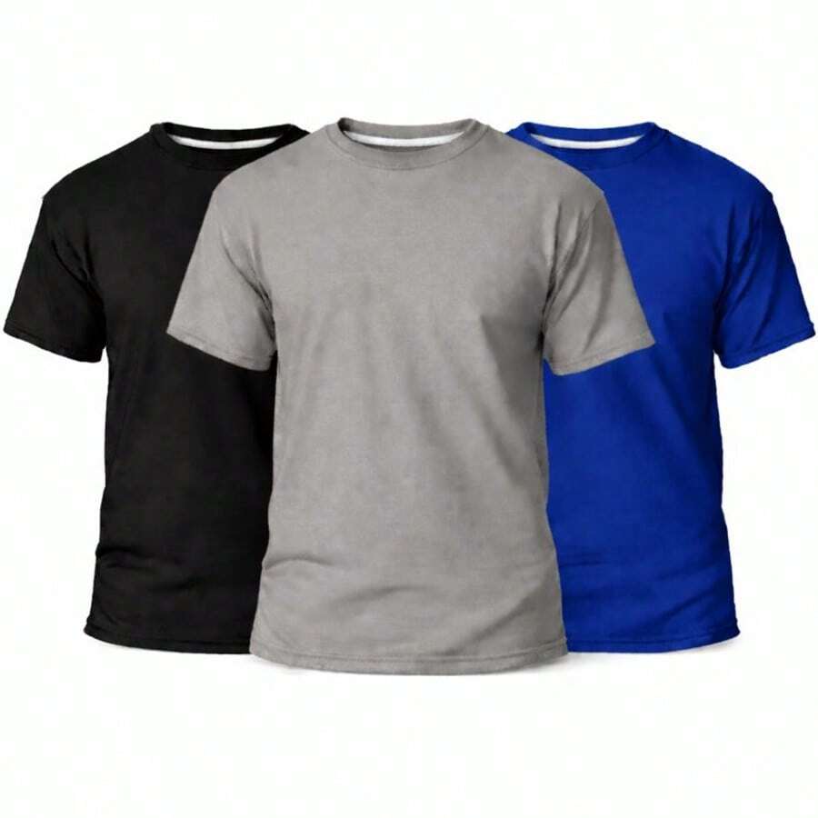 Set Of 3 Men's Basic Plain T-Shirts, 100% Cotton, 30.1 Mm - 黑色/灰色/寶藍色 - 查看 1