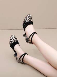 女士豹纹搭扣拉丁舞鞋，5厘米橡胶鞋底中跟，室内/室外凉鞋，适合练习、表演、舞厅、派对、时尚场合，舒适轻便。 - 黑色 - 查看 4
