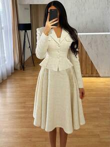 2pcs/Set Elegant Romantic Date Night, Holiday, Daily, Business Commute, Formal Occasion Dinner Fitted Long Sleeve Jacket + Waist Tie Flare Midi Dress, Winter Dress, New Year Outfit - Apricot - View 4