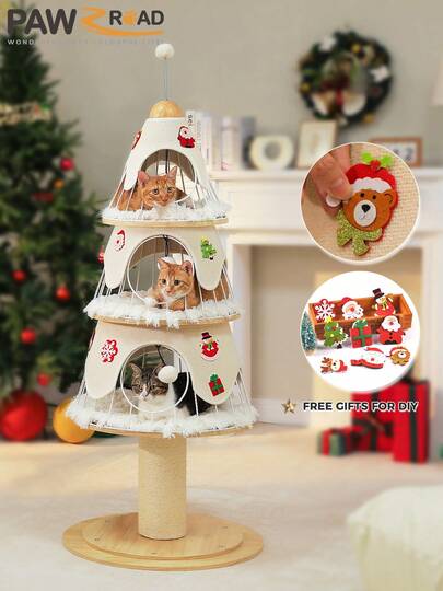 PAWZ Road Christmas Modern Cat Tree-51.2" Cat Tree W/Thick Scratch Post(φ5.4in), Wood Cat Tower W/ 3 Condos-Heavy Duty Cat Furniture W/Metal Frame & Replaceable Mat For Indoor Cat ,White