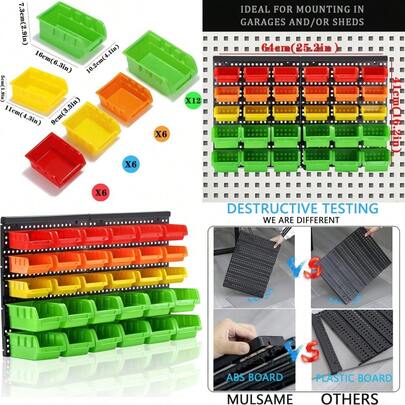 Wall Mounted Storage Bins Parts Rack 4 Colors Bin Organizer Garage Plastic Shop Tool Garage Organizers And Storage Style-Vivid 25.2"*16.2"