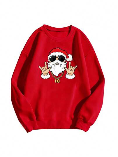 Sudadera Roja Hombre Navidad - Santa con Gafas y Pulsera Dorada, Estilo Casual Otoño Invierno 2025
