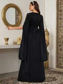 Floral Embroidery V-Neck Maxi Slit Sleeve Dress - Black - View 2