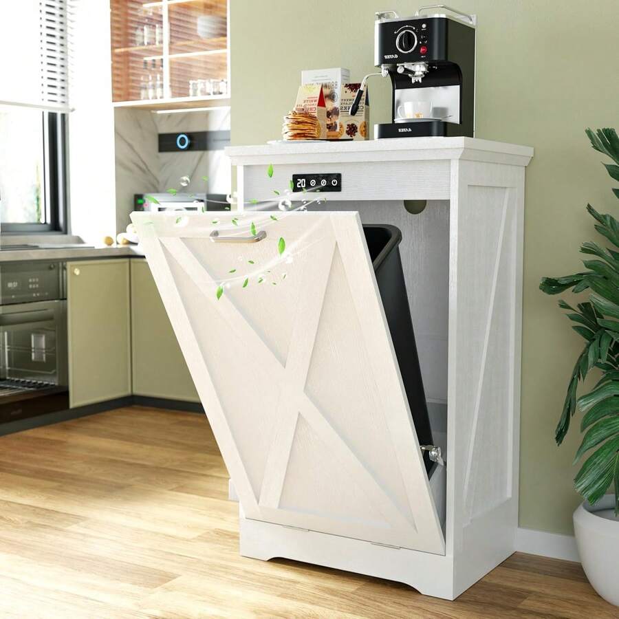 Tilt Out Trash Can Cabinet, Hidden Trash Bin With Deodorizing & Negative Ion System, Pet-Proof Kitchen Waste Cabinet For Kitchen, Dining Room, Living Room (White, 1 * 13 Gallons) - 白色 - 查看 1
