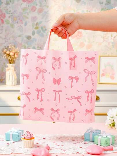 50pcs Pink Bow Gift Bags, Bow & Star Handle Bags, Bow Birthday Party Gift Decoration Bags, Baby Shower Decor, Wedding Decor, Bridal Shower Favors, Pink Bow Party Supplies, Shopping Totes, Durable Plastic Bags, Home Storage, Small Business Supplies, Kitchen Packaging, Pink Bow Decorations, Room Decor, Home Decor, Party Favors, Easter, Graduation