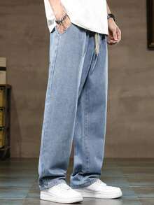 pantalones hombre vaqueros hombre ropa de hombre Pantalones vaqueros informales lavados para hombre con cordón y cintura elástica para uso diario - Azul - Ver 5