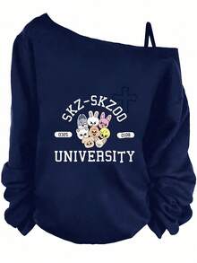 SKZOO Off - Shoulder Sweatshirt With Long Sleeves, Casual Gathered Cuffs, Front Graphic (SKZ - SKZOO Text, Cute Animal Characters, 0325 & 0109 Labels, UNIVERSITY Bold Print) - Fandom Fashion  Sweatshirt For SKZ Fans - Hoodies For Women,Valentine Outfits For Women,Vacation Outfits Women,Valentine's Day - 藏蓝色 - 查看 7