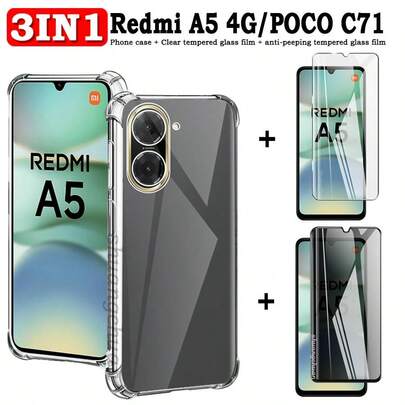 3-In-1 Transparent Phone Case For Redmi A5 4G, Thick Corner Anti-Drop Protective Cover + High-Definition Tempered Glass Screen Protector + Anti-Peeping Tempered Glass Film, Poco C71 4G
