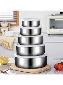 مجموعة حاويات تخزين الطعام من الفولاذ المقاوم للصدأ الدرجة 410 مع أغطية محكمة الإغلاق - أوعية دائرية قوية وقابلة للتكديس، آمنة للغسالة الآلية وتوفير المساحة باللون الأسود (متوافقة مع تحضير الوجبات والثلاجة والمخزن) - متعدد الألوان - مشاهدة 2