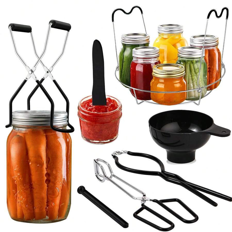 Canning Supplies Starter Kit, 7 Piece Stainless Steel Canning Set Tools With Steamer Rack, Wrench, Tongs, Wide Kitchen Funnel, Jar Lifter, Lid Lifter, Bubble Popper For Canner/Pot, Beginner, Home