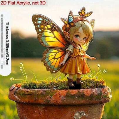 2D 平面亚克力花园摆件 - 1 件可爱仙女，带蝴蝶翅膀，配有坚固的尖头底座，绿发粉翼金点仙女，易于安装，是花坛、花盆和户外装饰的理想魔法植物装饰品。