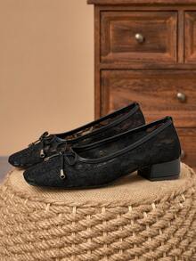 Elegant Rose Flower Square Toe Lace Mesh Women's Shoes, Outdoor Casual Wedding Party Breathable Hollow Bowknot Shoes - Black - View 5