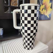 Hydro 40 Oz Black White Checkered With Handle & Flip Straw Tumbler, Perfect For Car Camping, Daily Use, And As Gift. - Hình vuông đen trắng - Xem 3