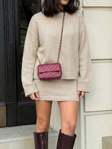 Women's Elegant Knitted Sweater Set For Autumn/Winter, Casual Crew Neck Long Sleeve Pullover, Fashionable Solid Color 2-Piece Set For Christmas, New Year, Thanksgiving - Apricot - View 3