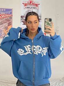New European And American Women's Street Hoodies With Foam Zippers And European And American Hoodies - 藍色 - 查看 3