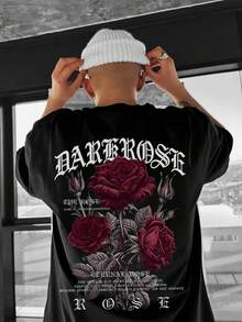 Men's Casual Versatile Simple Rose Flower Print Short Sleeve T-Shirt - Black - View 2