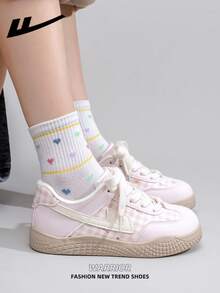 WARRIOR Women's Thick Sole Lace-Up Soft Bottom Casual Sneakers Low-Top Flat Outdoor Shoes Summer Commuter Shoes Round Toe Low Heel Non-Slip Solid Color Elegant Soft Sole Hiking Shoes Suitable For Students Graduation Photo Shoot Flat Shoes Women's Low-Top Microfiber Sports Skateboard Shoes - Light Pink/beige/pink - View 8