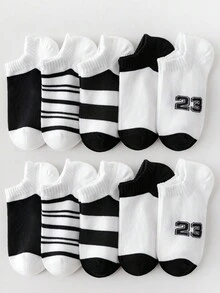 5/10 Pairs Kids Socks, Black & White Striped Sports Ankle Socks, Fashion Casual Breathable Soft Invisible Socks, Suitable For Daily Wear, Back To School, Holidays, Outdoor Sports - Multicolor - View 9