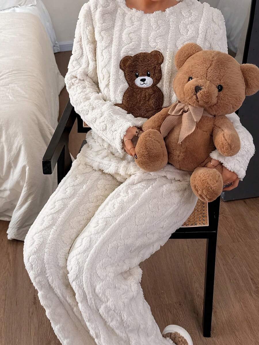 2pcs Women Winter Fleece Pajama Set, Bear Print Long Sleeve Top And Pants, Comfortable Loungewear For Home & Vacation - White - View 1
