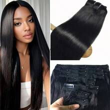 8pcs Lucking Hair Clip-In Hair Extensions, Real Human Hair With 18 Clips, Full Head Clip-In Remy Human Hair Extensions, Suitable For Women, Natural Black - Natural Black - View 2