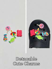 2025新款女士木屐 - 可拆卸可爱糖果吊坠，增高3厘米，单脚设计，舒适街头风，休闲日常穿搭，Y2K美学，流行时尚鞋款 - 黑色 - 查看 10