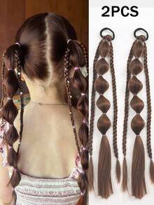 2件装纤维尾巴女孩假发泡泡丸子甜美扭辫高马尾接发辫灯笼泡泡马尾儿童 - 彩色 - 查看 10