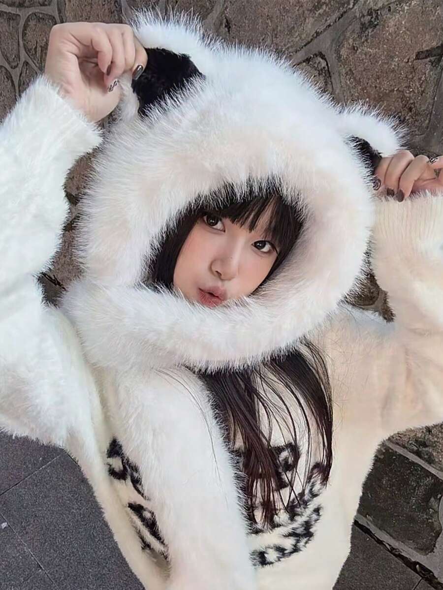 1pc Stylish Fox Ear Hooded Scarf Set, Women Winter Warm Windproof Trapper Hat Ski Cap - White Scarf and Fox Hat - View 1