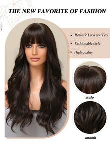 24 Inch Long Curly Wig, Brown With Bangs, Heat Resistant Synthetic Wig, Suitable For Women's Daily Wear, Parties, And Girls' Gift Wig - Brown - View 7