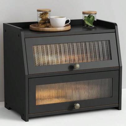 Caja de pan grande para encimera de cocina, contenedor de almacenamiento de pan negro para pan casero, organizador de caja de pan de granja de doble capa para encimera de cocina, despensa, armario negro
