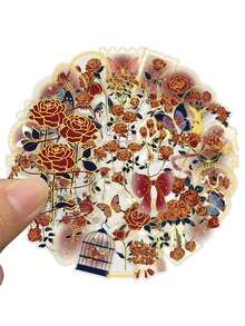 50pcs/Set Romance Aesthetic Gold Stamping Red Rose Transparent PET Stickers, DIY Decorative Decals For Luggage Notebook Laptop Guitar Phone Stationery Sticker Scrapbook Supplies Scrapbook