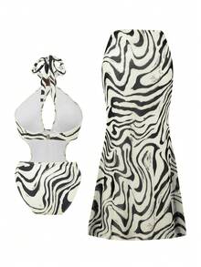 女士性感优雅露背系带镂空串珠斑马纹泳衣套装，含罩裙，适合度假和海滩 - 彩色 - 查看 6