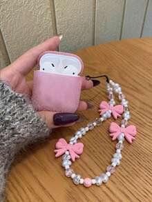 1个粉色水钻耳机盒，兼容AP1/AP Pods2/Pods3/Pods Pro/Pods Pro2，搭配粉色蝴蝶结、小珍珠和心形手工腕带 - 粉色 - 查看 3