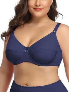Parifairy 1pc Plus Size Solid Color Elastic Ultra-Thin Underwire Bra, Daily Simplistic Style - Blue - View 4