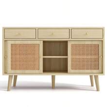 Sideboard, Chest Of Drawers With 3 Drawers And 3 Sliding Doors, Rattan Weave On The Door Fronts, Solid Wood Legs, Gold Metal Bar Handle, Adjustable Shelves, Oak, 120 X 40 X 78 Cm - 自然色 - 查看 1