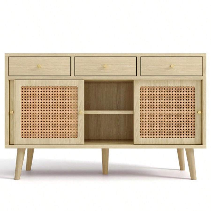 Sideboard, Chest Of Drawers With 3 Drawers And 3 Sliding Doors, Rattan Weave On The Door Fronts, Solid Wood Legs, Gold Metal Bar Handle, Adjustable Shelves, Oak, 120 X 40 X 78 Cm - 自然色 - 查看 1