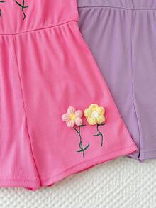 2pcs Girls' Summer Floral Decor Ribbed Knit Jumpsuit, Children Pink & Purple Beach Holiday Loose Romper - Multicolor - View 8