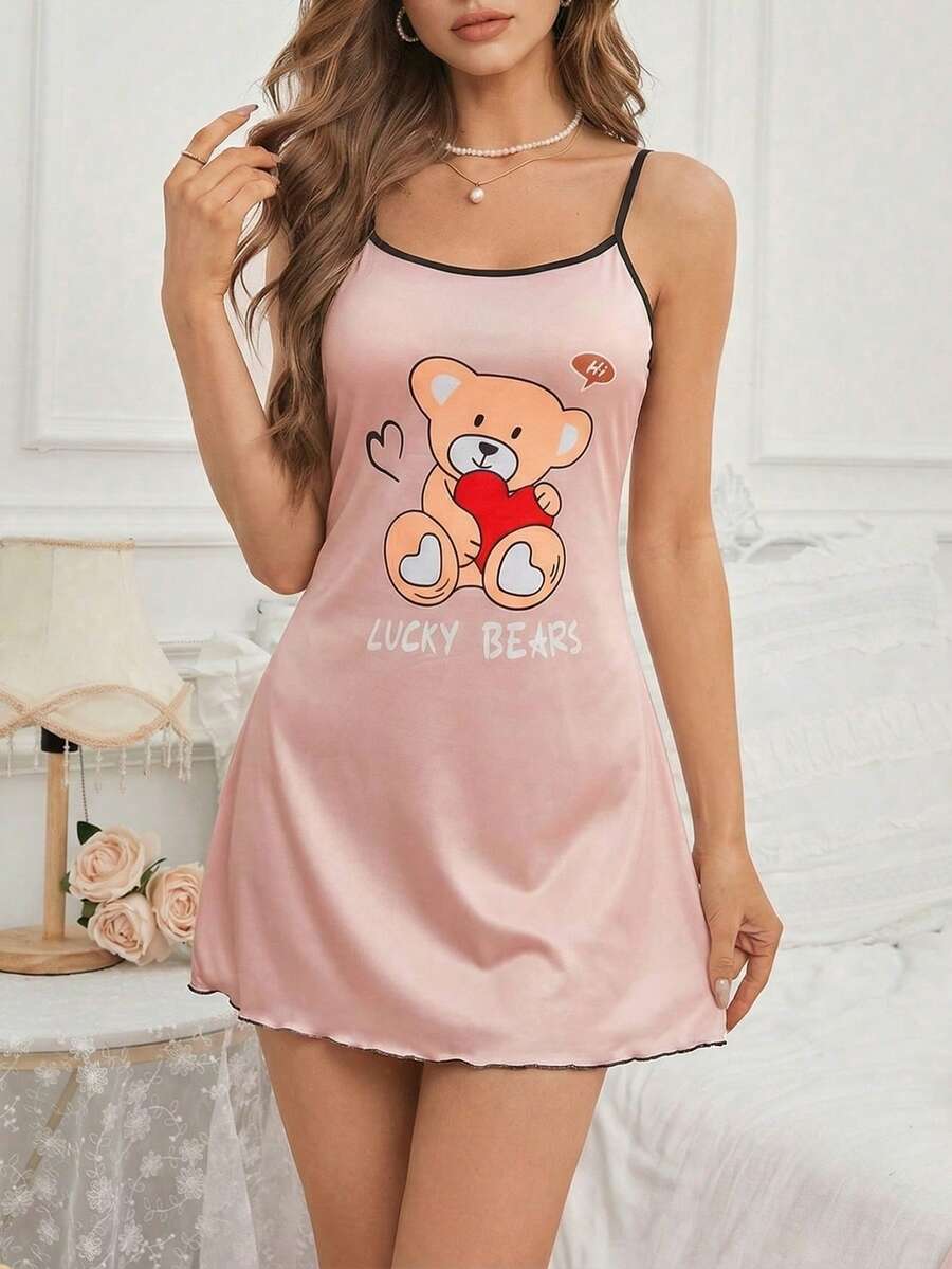 Women's Cartoon Letter Print Casual Everyday Sleepwear Slip Dress - Champagne - View 1