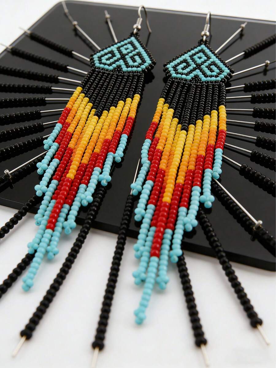 1对女士时尚流苏耳环，波西米亚风、复古风、度假风，蓝色、黑色、黄色、红色串珠，几何图案，渐变长流苏摇曳手工串珠耳环，女士配饰，适合日常、度假、百搭，亦可作为节日礼物 - 彩色 - 查看 1