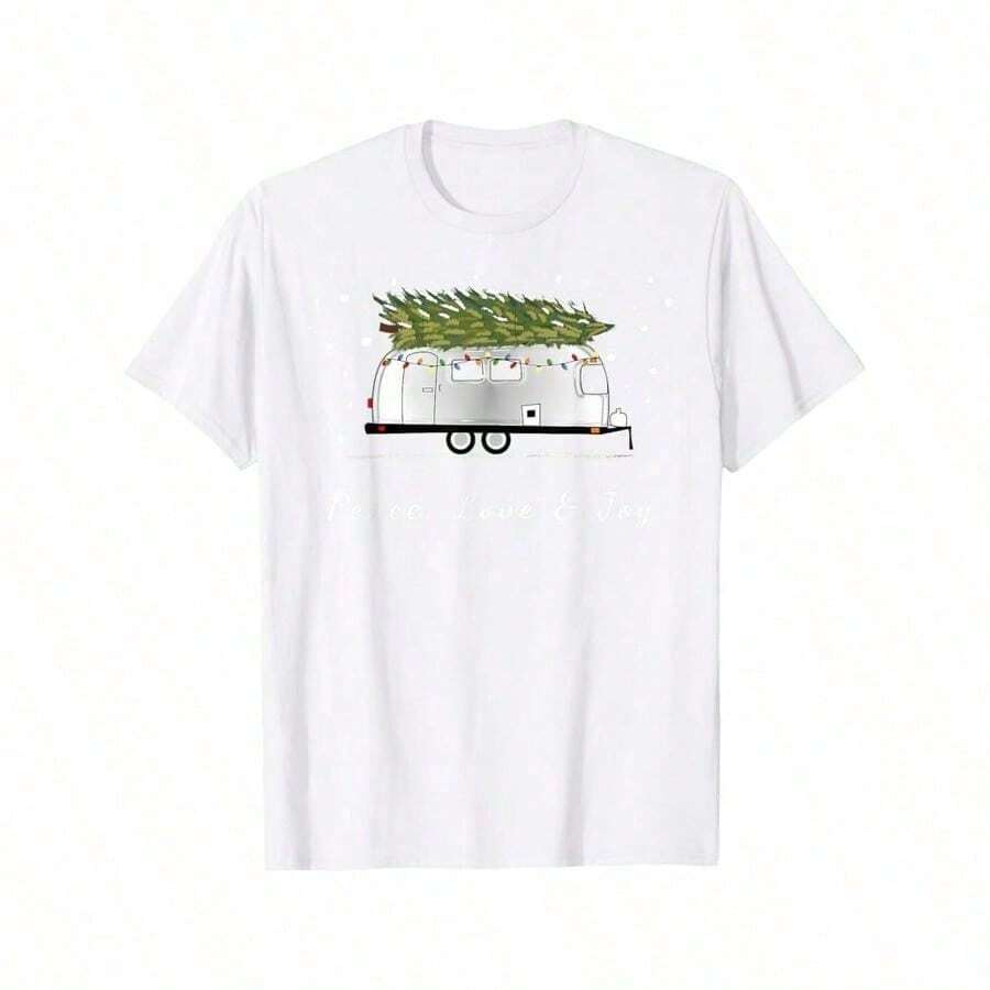 Men'S Vintage Airstream Camper Graphic T-Shirt - 180gsm Heavyweight 100% Retro Road Trip Tee with Peace Love & Joy Design, Christmas Tree & Camper Van Print, Casual Round Neck Shirt for RV Enthusiasts, Camping & Road Trips (Purple) - Blanc - Voir 1