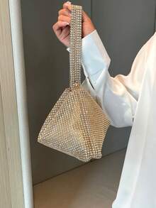 Women's Sparkling Elegant Rhinestone Crescent Moon Clutch Bag, Fashionable Shoulder Party Dinner Bag With Rhinestone Decor, Suitable For Girls, Women, Weddings, Galas, Dinners/Banquets, Best Gift For Women - Gold - View 8
