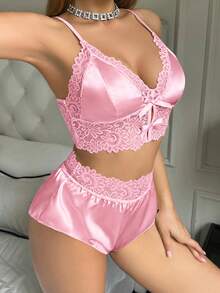 Ning xue yan ying 2pcs Women Sleepwear Set, Sexy Lace Camisole Shorts Pajamas, Summer Nightwear Bridesmaid Loungewear - Rose Red - View 4