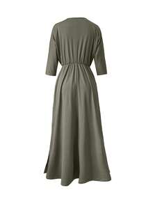 标准尺码 女士优雅时尚纯色高腰V领开衩连衣裙，夏季 - 軍綠色 - 查看 2